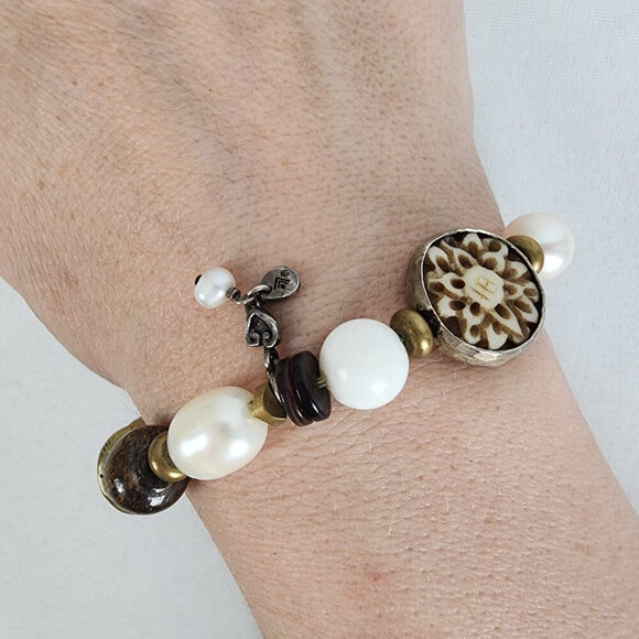 Silpada Pearl Bronzite Howlite Brass Sterling Silver Stretch Bracelet - Picture 1 of 6